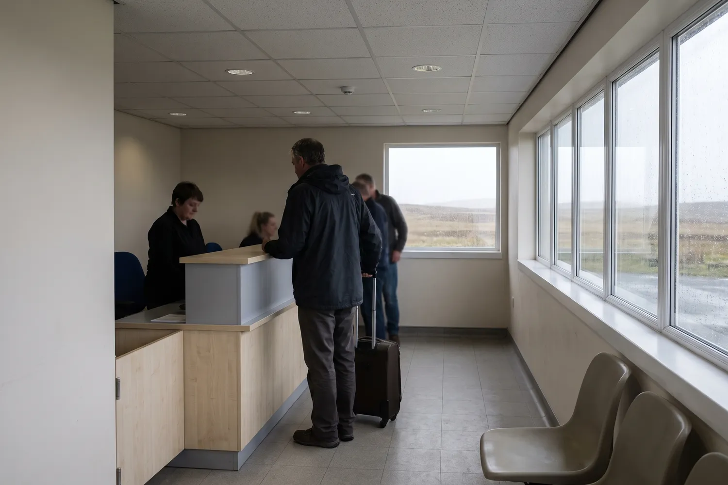 A small car-hire counter in the compact arrivals hall of a regional island airport, where a traveller with a cabin case is being served