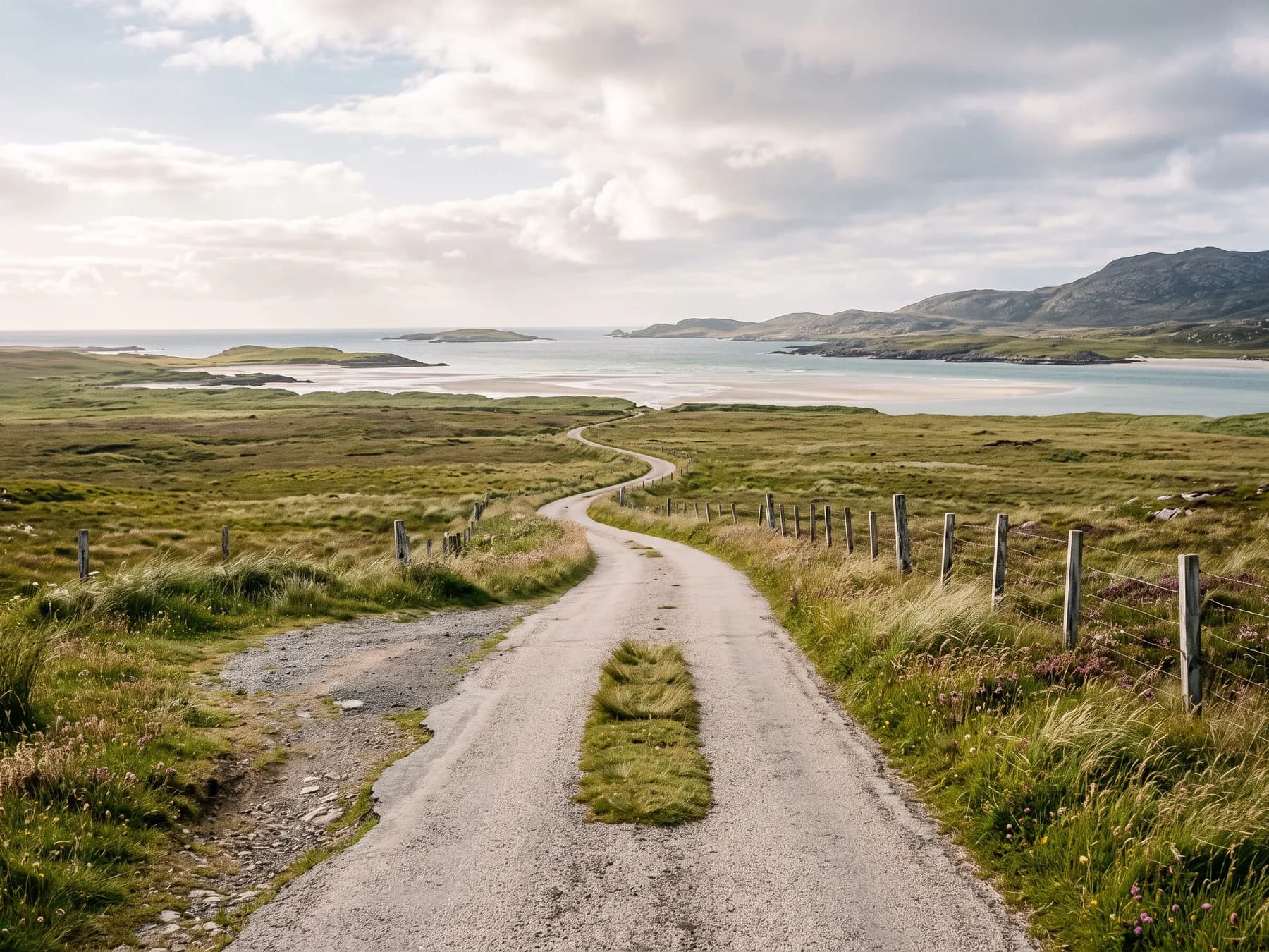 A single-track island road with a grass centre strip running out across machair towards a tidal sand flat